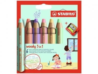 Stabilo Woody 3 in 1, multitalent kleurpotlood, set van 6 pastel kleuren incl. puntenslijper